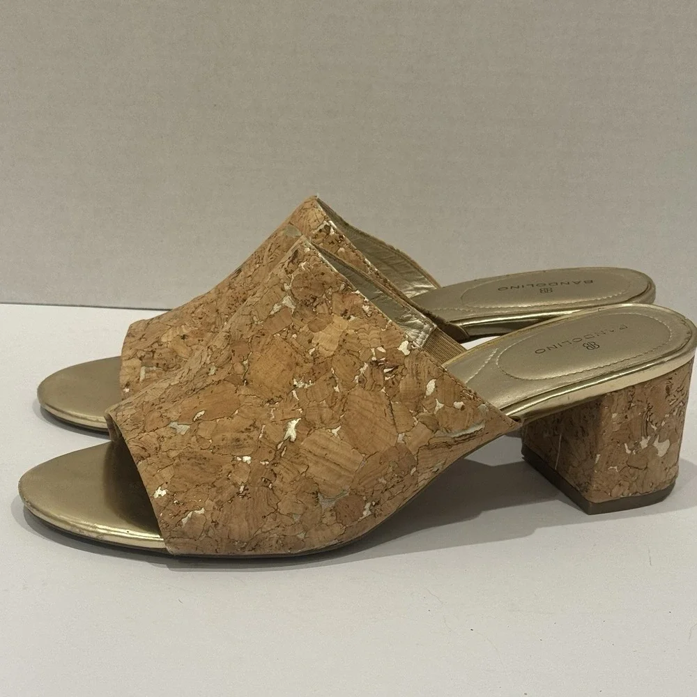Bandolino Metallic Gold Neutral Minimalist Cork‎ Chunky Heeled Sandal Size 10M